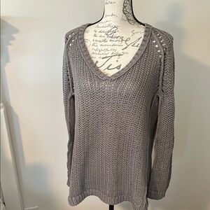 LOFT Gray V-Neck Sweater with Cable Knit Design